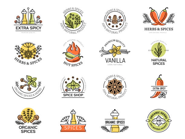 ilustrações de stock, clip art, desenhos animados e ícones de spices badges. kitchen preparing food herbal ingredients healthy natural aroma leaves herbs spices recent vector labels with place for text - baunilha condimento