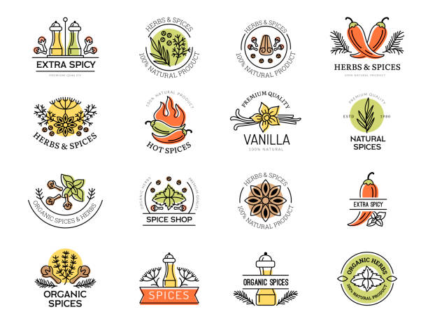 Spices badges. Kitchen preparing food herbal ingredients healthy natural aroma leaves herbs spices recent vector labels with place for text Spices badges. Kitchen preparing food herbal ingredients healthy natural aroma leaves herbs spices recent vector labels with place for text. Spice badge natural, basil and coriander illustration chili pepper pattern stock illustrations