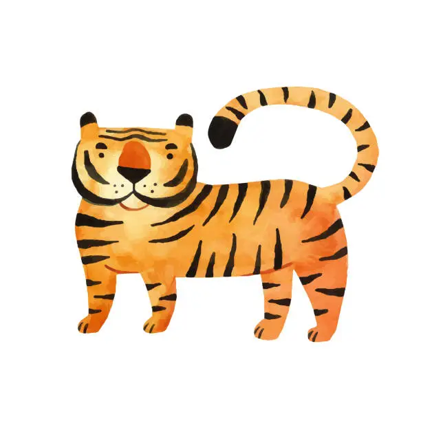 Vector illustration of Tiger big wild cat standing. Zodiac symbol of the year. Hunter. Watercolor hand drawn illustration.