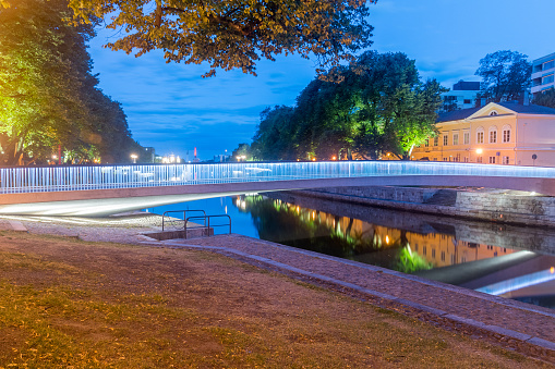 Illuminated library bridge (Kirjastosilta orBiblioteksbron) in Turku, Finland.