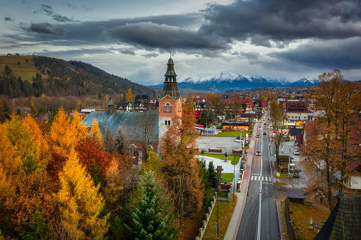 The autumn landscape of Bialka Tatrzanska village with a view of the Tatra Mountains. Poland