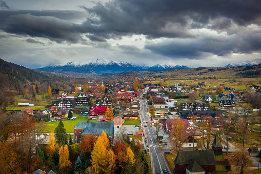 The autumn landscape of Bialka Tatrzanska village with a view of the Tatra Mountains. Poland