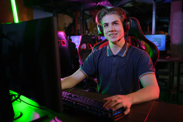 Cyber sport. Team play. Professional cybersport player training or playing online game on his PC stock photo