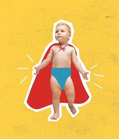 Cartoon character. Contemporary art collage of little boy, playful child wearing red cloak like superman isolated over yellow background. Concept of childhood, imagination, game. Copy space for ad