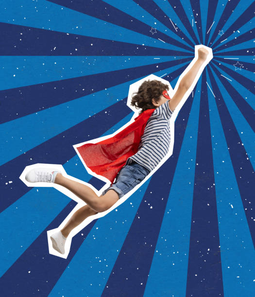 collage d’art contemporain de petit garçon portant un manteau rouge et volant comme un superman isolé sur fond bleu - superhero child creativity little boys photos et images de collection