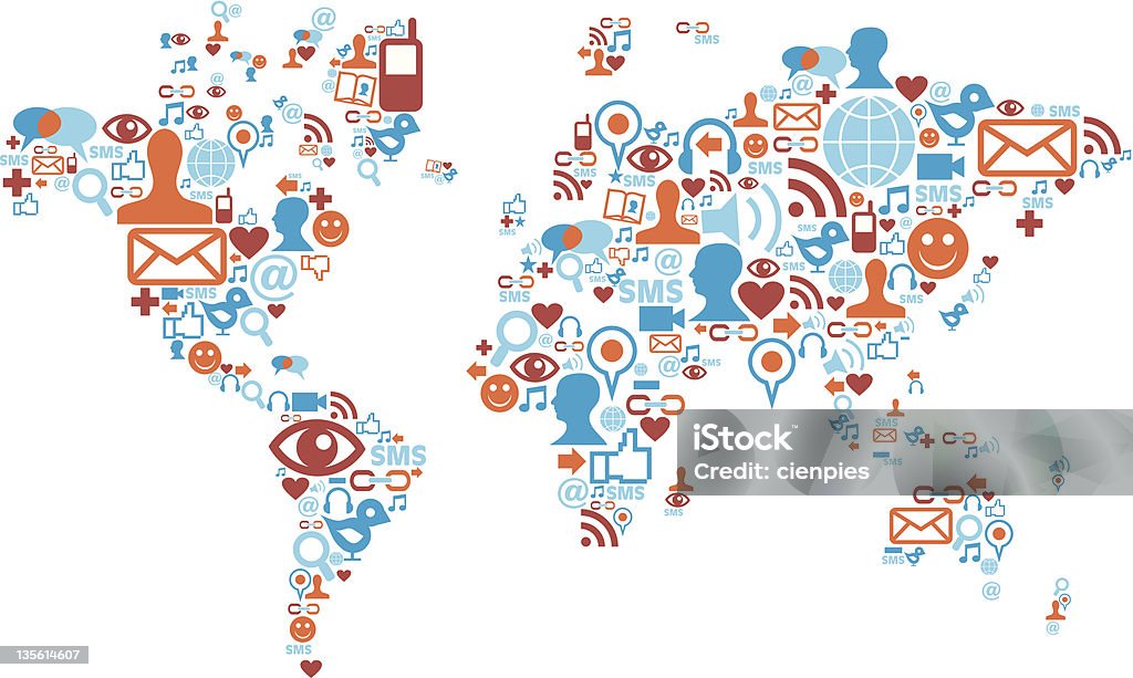 World map shape made with social media icons Vector social media icon set in Globe World Map. Shape stock vector