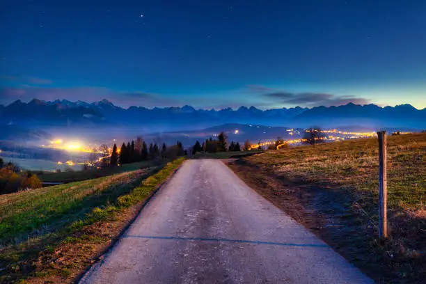 Beautiful landscape of theroad to the Tatra Mountains at night. Poland