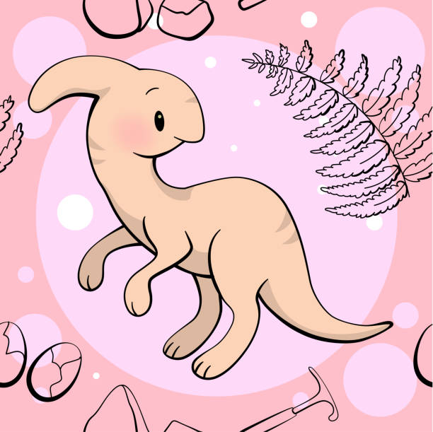 Seamless pattern with cute dinosaur. Parasaurolophus in kawaii style. Vector vector art illustration