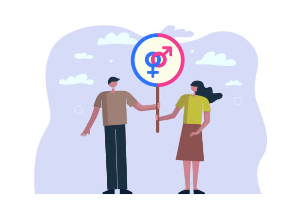Man and woman together holding sign with Mars and Venus heterosexual symbols. Male and female equal relationship in marriage concept. Equality relation couple in love. Vector illustration Man and woman together holding sign with Mars and Venus heterosexual symbols. Male and female equal relationship in marriage concept. Equality relation couple in love. Vector eps illustration gender change stock illustrations