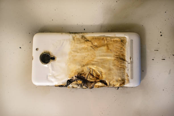 istock Fire consequences. Top view on a burnt mobile phone white on the table 1356149403