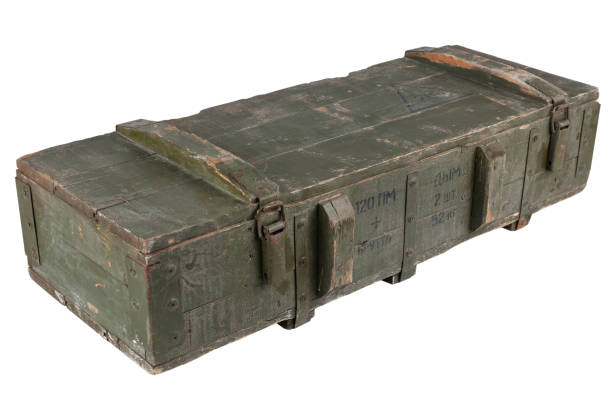 istock Soviet army ammunition crate. Text in russian - type of ammunition - mortar round, 120mm projectile caliber, projectile type - smoke, number of pieces and weight. 1356150200