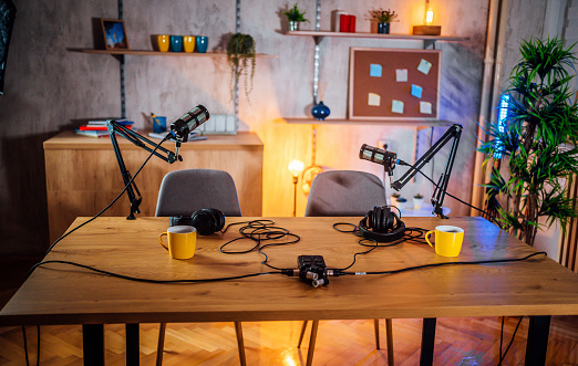 Podcast studio with audio and recording equipment
