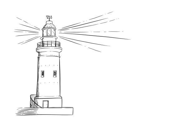 ilustrações, clipart, desenhos animados e ícones de esboço do farol. farol com um feixe de luz. ilustração vetorial - lighthouse beacon sailing storm