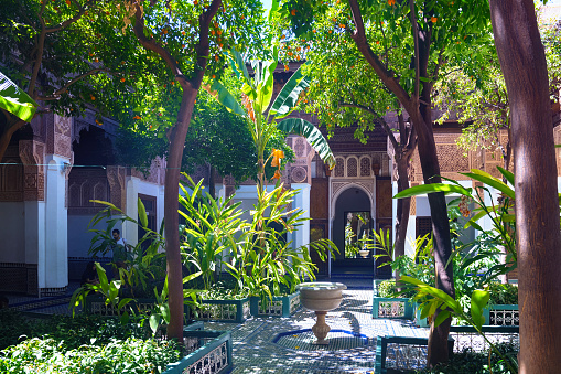 Marrakesh, Morocco - June 05, 2017: Garden in the The Bahia Palace. Is a late 19th century palace in Marrakesh. Today it is a well-known historic monument and tourist attraction in the city.