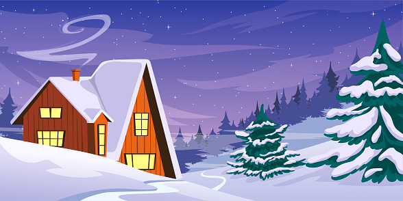 House on the background of a winter landscape at sunset. Vector illustration