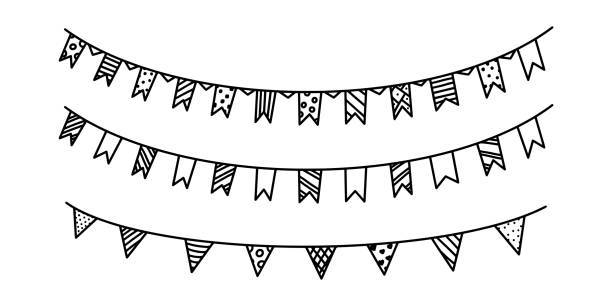 Garlands with flags for carnival or celebration. Set of decor garlands isolated on white background. Vector illustration Garlands with flags for carnival or celebration. Set of decor garlands isolated on white background. Vector illustration in doodle style black and white party stock illustrations