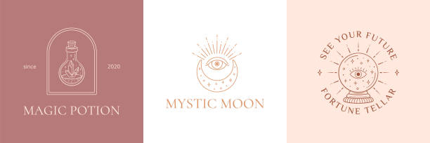 illustrations, cliparts, dessins animés et icônes de vecteur de logo de croissant de lune mystique. boule de cristal magique. potion de bouteille boho. illustration vectorielle - information medium illustrations