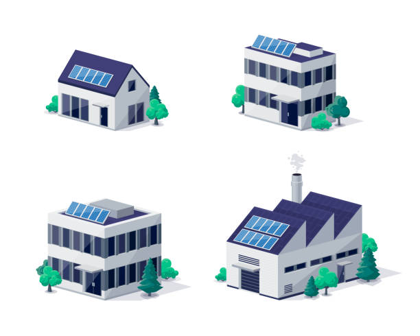 Buildings factory office house illustrations Commercial residential business buildings illustrations in dimetric isometric view in 3d cartoon style. Family house, work office and factory with solar panels. Isolated vector illustration on white. solar panel stock illustrations
