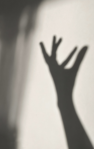 Contrasting hand shadow on a white wall. Soft shadows, tenderness and grace.