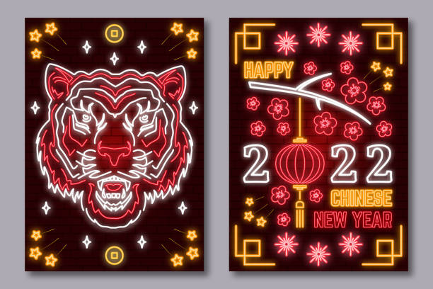 happy chinese new year neon greetings card, flyers, poster. vector illustration. chinese new year neon sign with sakura, lantern, china tiger for new year emblem, bright signboard, light banner. - 月蝕 插圖 幅插畫檔、美工圖案、卡通及圖標