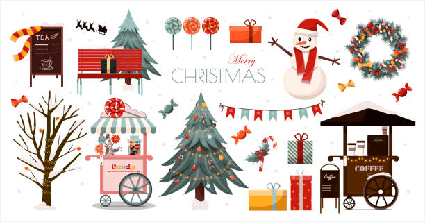 ilustrações, clipart, desenhos animados e ícones de grande conjunto vetorial de ícones e elementos de natal. clipartes de natal para decorar cartões, rua de natal. design plano para o ano novo. árvore de natal, presentes, doces, decorações, carrinhos de rua - christmas christmas tree sweden decoration