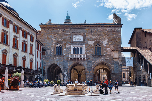 Bergamo, Italy - May 22, 2019: The building of the Cathedral Museum and Treasury (Museo Del Tesoro Della Cattedrale) on the Piazza Vecchia street in Upper Bergamo (Citta Alta).