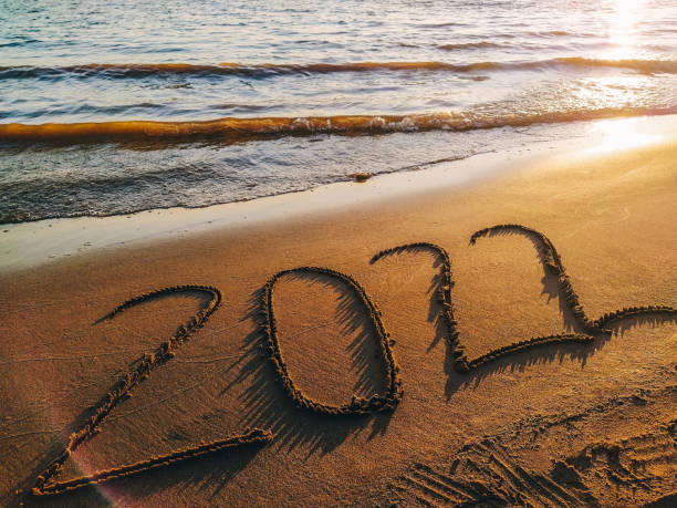 istock 2022 text in the sand on the beach. 1356156514