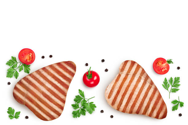 istock Tuna fish steak grilled isolated on white background with clipping path. Top view with copy space for your text. Flat lay 1356156805