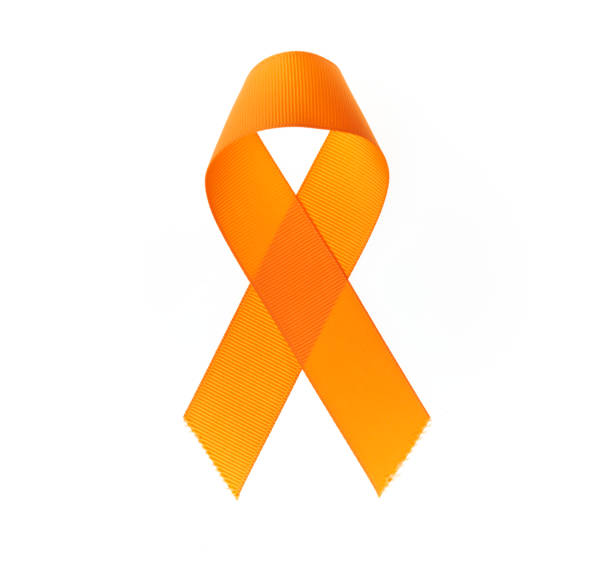 Awareness orange ribbon over isolated white background. stock photo