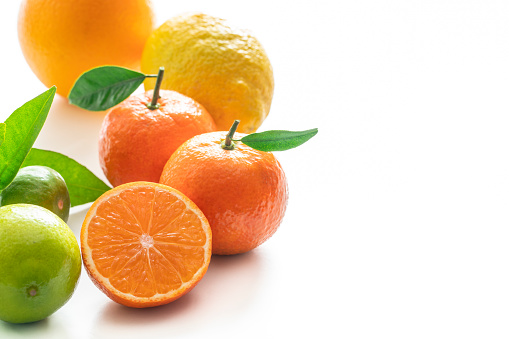 Varied group of citrus fruits closeup oranges tangerines lime lemon and  grapefruit isolated on white background