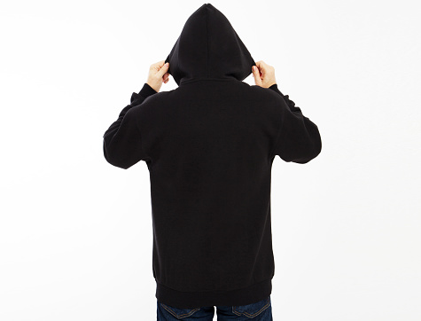 Rear view of hooded male person isolated on white background with copy space mock up