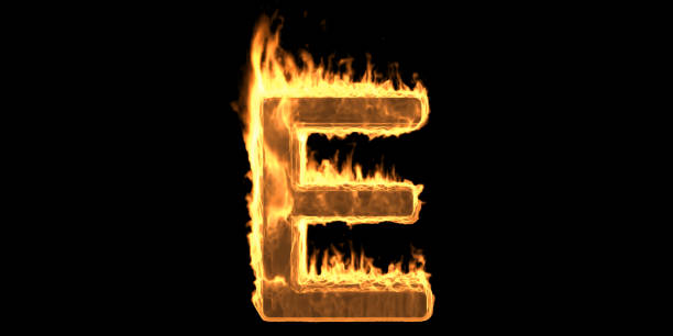 Fire alphabet letter E burning flame. Hot fiery font glowing, black background. 3d illustration Fire alphabet letter E, flaming burn font. Burning flame text with smoke and fiery effect. Hot glowing design element isolated on black background. 3d illustration fire letter e stock pictures, royalty-free photos & images