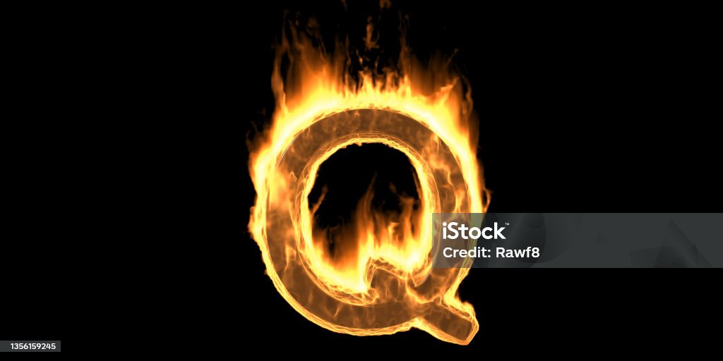 Fire alphabet letter Q burning flame. Hot fiery font glowing, black background. 3d illustration Fire alphabet letter Q, flaming burn font. Burning flame text with smoke and fiery effect. Hot glowing design element isolated on black background. 3d illustration Abstract Stock Photo