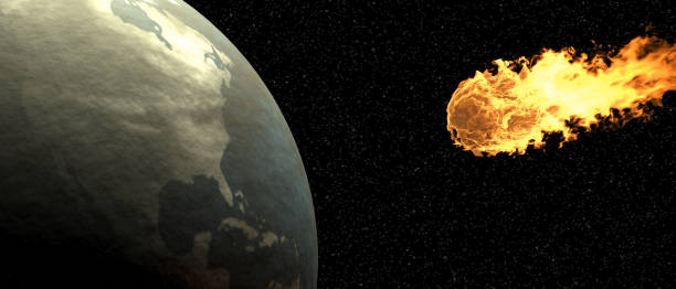 istock Burning comet, asteroid or meteorite falling on Earth globe, black sky background. 3d illustration 1356159270