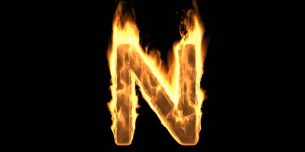 Fire alphabet letter n, flaming burn font. Burning flame text with smoke and fiery effect. Hot glowing design element isolated on black background. 3d illustration