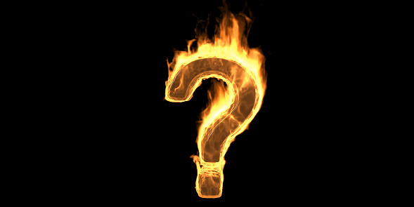 Burning Question mark. Fire flame symbol with smoke and fiery effect. Hot red  flaming burn font glowing on black background. 3d illustration