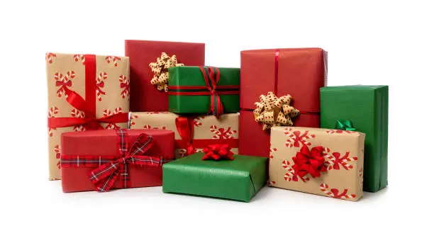 Photo of group of different christmas gift boxes isolated on white background