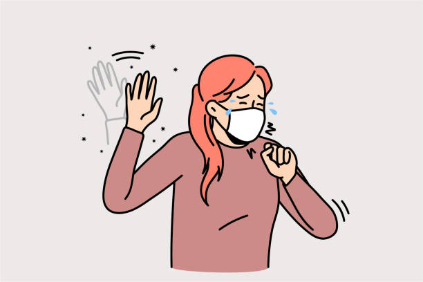 unhealthy woman in facemask cough and sneeze - 咳嗽 插圖 幅插畫檔、美工圖案、卡通及圖標