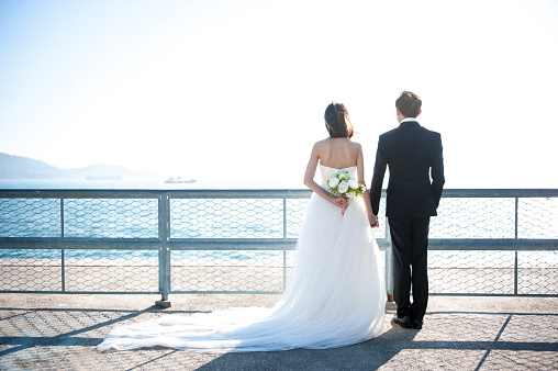 Rear view of young couple holding hands and looking out to the sea under a clear blue sky.