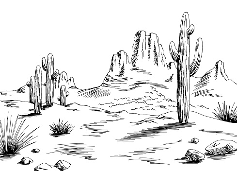 Prairie graphic black white desert landscape sketch illustration vector