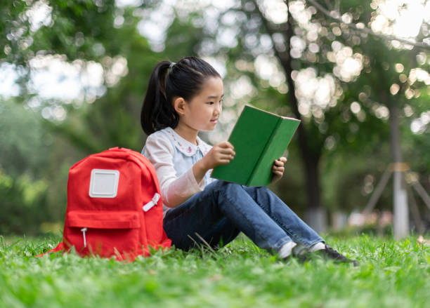 istock Little Girl Reading Book on Grass 1356163510