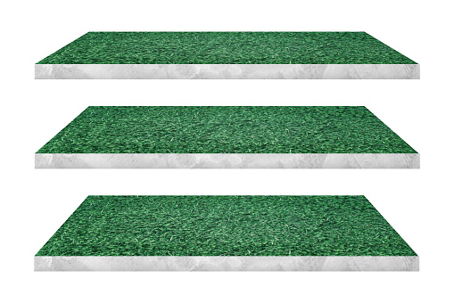 three green grass shelves on concrete perspective isolated on white background for display, present product
