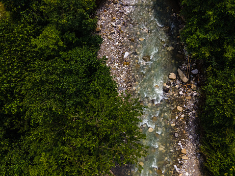 Mountain river directly above. Aerial photo