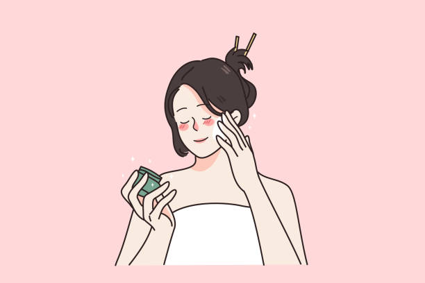 Beauty skincare and treatment concept Beauty skincare and treatment concept. Young smiling woman with eyes closed standing applying cream on face cheeks taking care of skin vector illustration facial mask woman stock illustrations