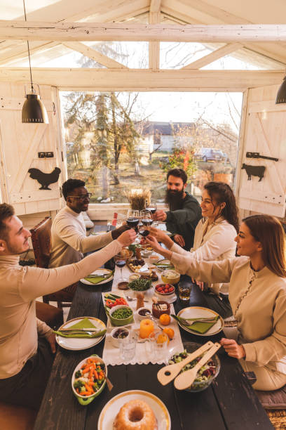 istock Friends having lunch and making celebratory toast with red wine 1356168754