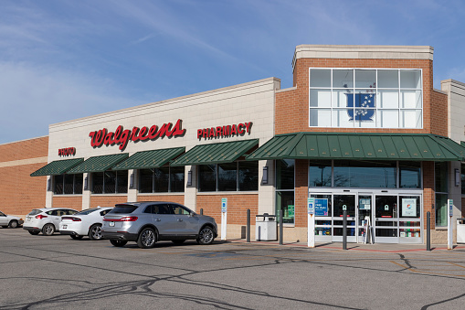 Peru - Circa November 2021: Walgreens pharmacy and goods location. Walgreens operates as the second-largest pharmacy store chain in the United States.