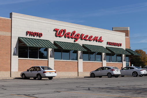 Peru - Circa November 2021: Walgreens pharmacy and goods location. Walgreens operates as the second-largest pharmacy store chain in the United States.