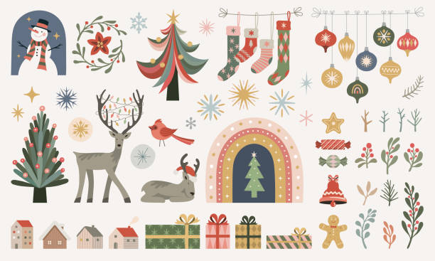 illustrazioni stock, clip art, cartoni animati e icone di tendenza di set di elementi natalizi - christmas ornament vector christmas group of objects