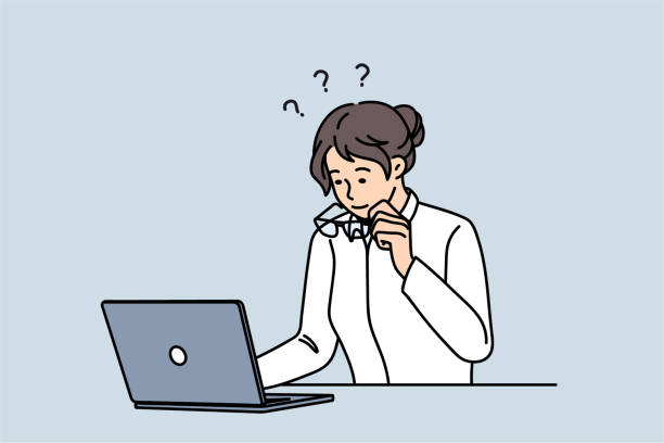 Businesswoman shocked by unexpected notice on computer Businesswoman take off glasses look at screen shocked by unexpected news online on computer. Frustrated female employee surprised confused with laptop notification or notice. Vector illustration. sheepish look stock illustrations