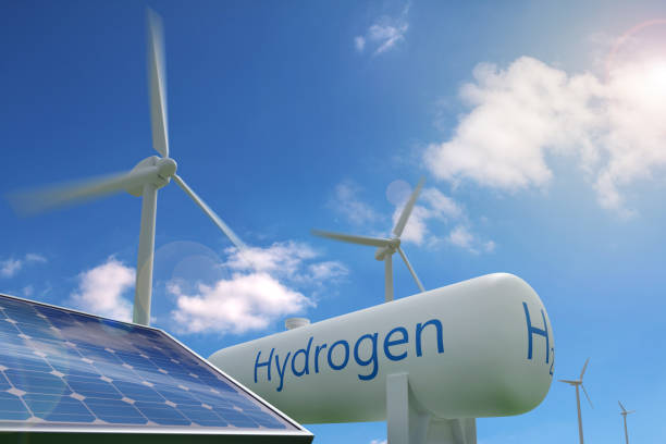 hydrogen tank, solar panel and windmills on blue sky background. sustainable and ecological energy concept. 3d illustration. - wind turbine fuel and power generation clean industry imagens e fotografias de stock